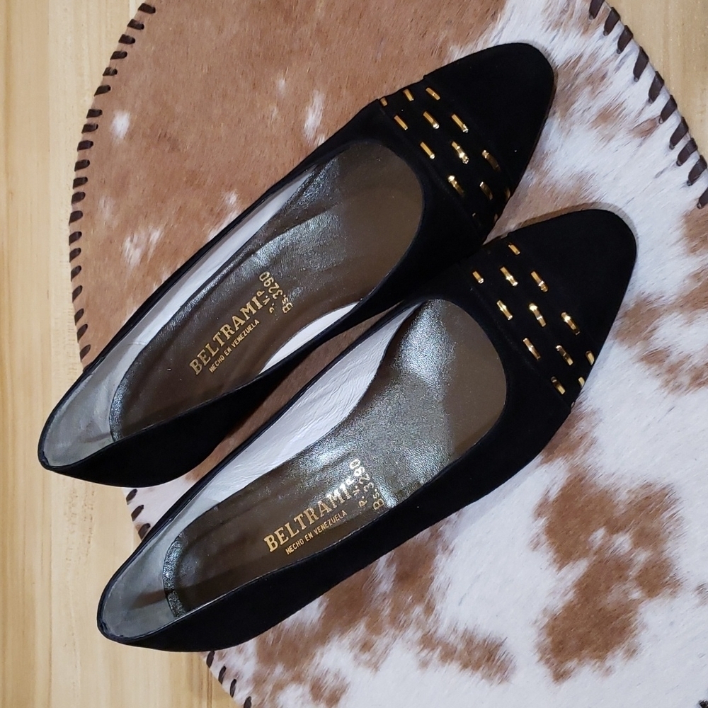 Vintage Beltrami Black Suede Gold Embellished Heels Size 9.5